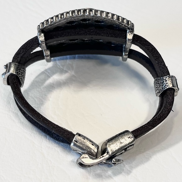 Vintage Leather Bracelet Silver Rhinestone Cross Yellow Crocodile - Picture 2 of 7